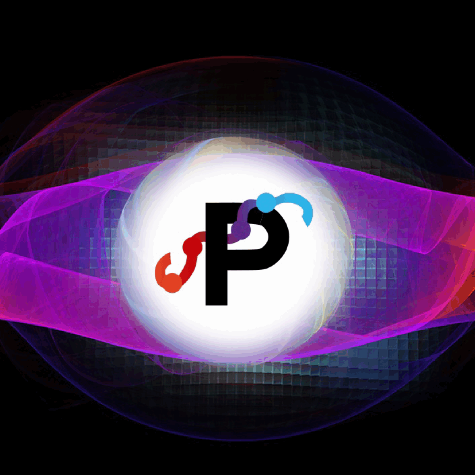 P with chain of polymers through it in multi colors