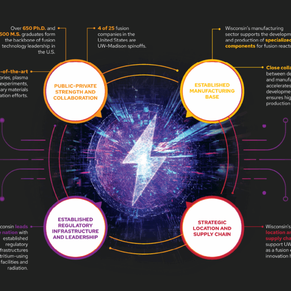 Fusion energy poster with a large lightning bolt illustration and four circles of text
