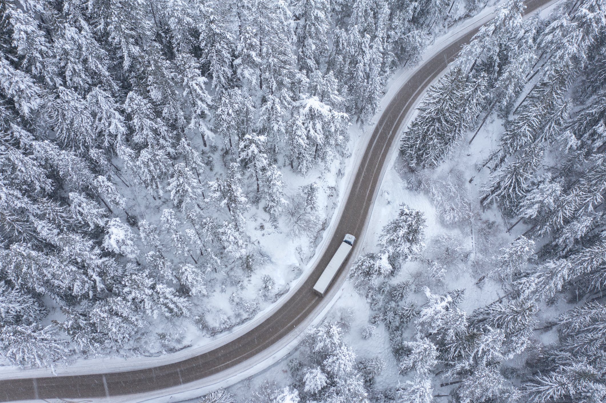 semi truck driving on a snowy forest road