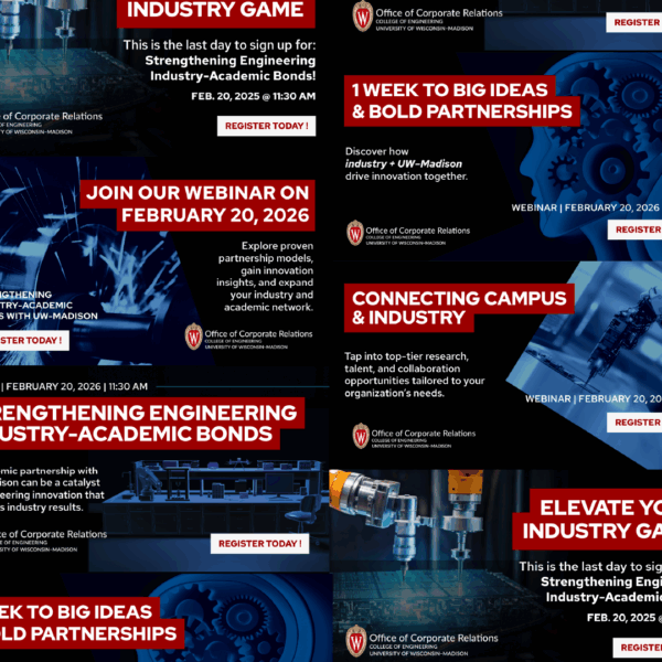 display screens advertising a webinar on corporate relations