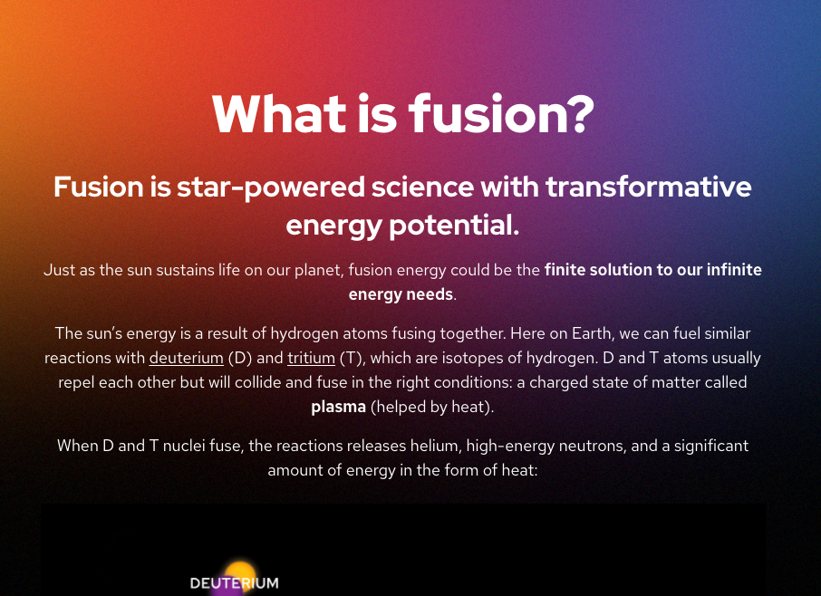 screenshot of a website titled "what is fusion" with a warm color gradient