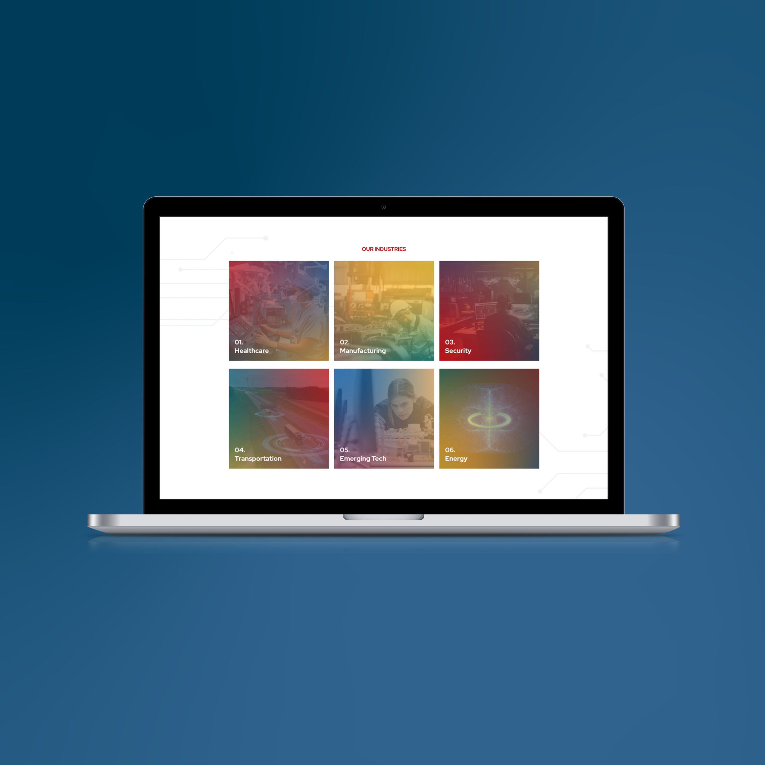 laptop screen with a page titled "our industries"
