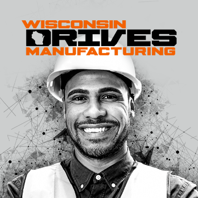 Wisconsin Drives Manufacturing logo and image of a black man wearing a construction helmet